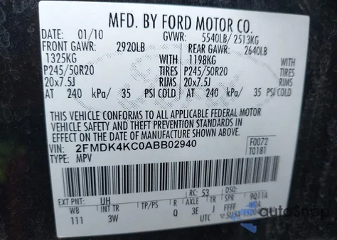 2010 Ford Edge Limited z USA, uszkodzony, nr VIN 2FMDK4KC0ABB02940
